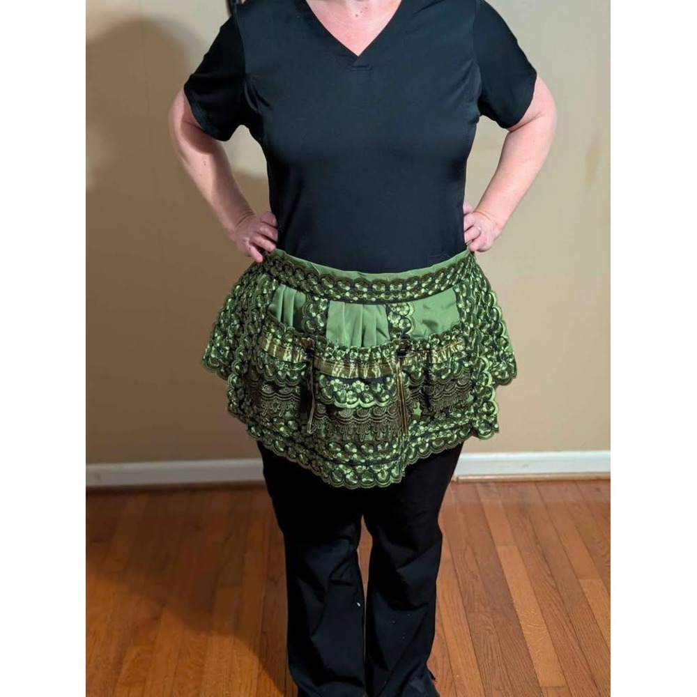 Handmade Green Embroidered Lace Waist Apron Skirt | Boho Festival Layering Piece